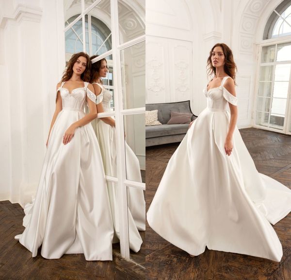 2020 Papilio élégant une ligne robes De mariée sangle sans manches perles Satin robes De mariée balayage Train Vestidos De Novia