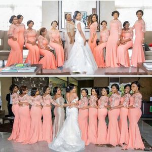 2020 Peach African Long Bridesmeisje jurken Drie kwart mouwen plus size kant Mermaid Long Party Dress BRIDAMID JUIL Maid Honor Gow 308Q
