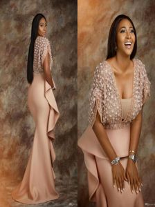 2020 robes de soirée rose perle portent une robe formelle africaine Arabie Saoudite pour les femmes Peplum volants gaine robes de bal robe de célébrité D3715293