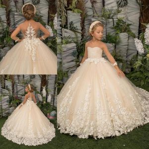 2022 Girls glitter -optochtjurken borstel schattige peuter baljurk kralen kristallen bloemen veer parels applique bloemenmeisje jurk bc14245 gb0827