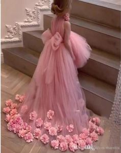 2020 Pink High Low Flower Girl -jurken 3D Flowers Big Bow Girls Pageant Dress Jurk Vestido de Daminha jurk voor kinderen op maat gemaakt 9038771