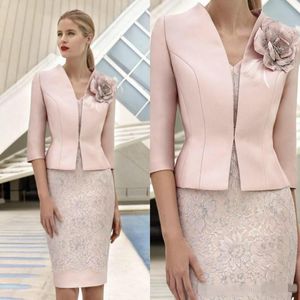 2020 Pink Mother Of The Bride Dresses With Jacket 3/4 sleeves Lace Appliqued flower Wedding Guest Dress Knee Length Mother Outfit Prom