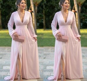 2020 rose poète à manches longues marié robes de soirée col en V profond fente latérale plissée drapée en mousseline de soie mère de la robe de mariée maman mariage mariée