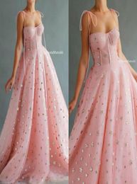 2020 roze prom -jurken spaghetti kanten bling ster vloer lengte goedkope avondjurk een lijn op maat gemaakte speciale gelegenheid jurk 9508761