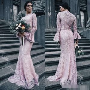 2020 Roze geschulpte jurken Zwart kant Bruidsmeisje Hoge nek Lange Juliet Mouwen Mermaid Maid of Honor Wedding Gast Formele avondjurk