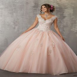 2020 Pink V Neck Quinceaneara Robes Ball Verstidos de Quinceanera Menhole Back Sweet 16 robes Longueur du sol