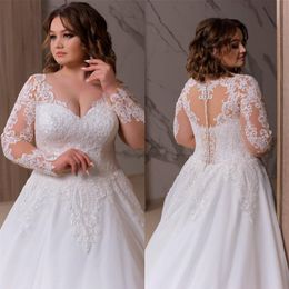 2020 Plus La Taille Robes De Mariée Bohème Col En V Appliqued Manches Longues En Dentelle Robe De Mariée À Volants Balayage Train Sur Mesure Abiti Da Spo286Y