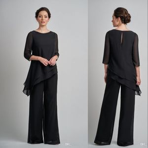 Nieuwe goedkope elegante moeder uit bruid jurken broek pakken zwart juweel hals chiffon twee stukken bruiloft gasten jurk speciale gelegenheid avondjurken