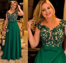 2020 Plus Size Green Mother's Jurken Kant Applique Beaded Ronde Hals Cap Mouwen Chiffon Floor Lengte Custom Made Avond Feestjurken