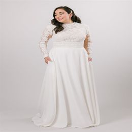 2020 Vestidos de novia modestos de gasa de encaje de talla grande con mangas largas Cuello alto vintage Vestidos de novia modestos elegantes con bolsillos 240 g
