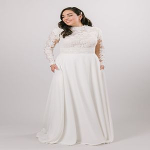 2020 Robes de mariée modestes en mousseline en dentelle plus taille avec manches longues vintage haut couche élégant modestes robes nuptiales avec poches 213d