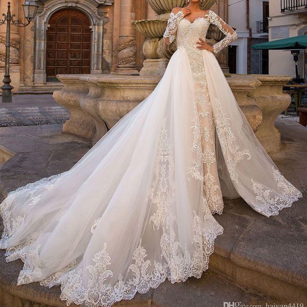 2020 robes de mariée sirène grande taille hors épaule dentelle Appliques avec bouton de Train détachable dos longues robes de mariée