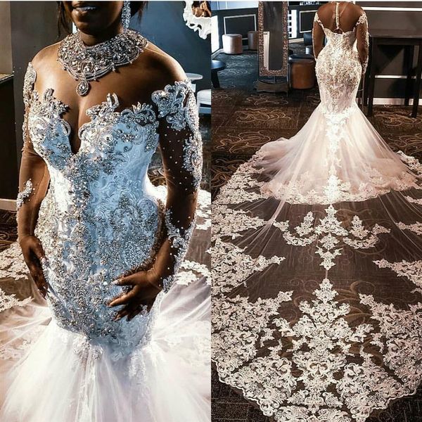 2020 robes de mariée grande taille dentelle Appliqued perles de cristal col haut robe de mariée sirène sur mesure Style campagnard mariée Gow2094