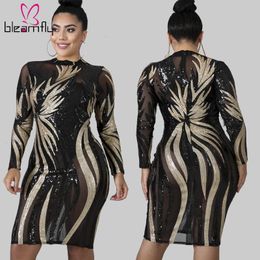 Casual Jurken 2021 Plus Size XL ~ 5XL Herfst Damesjurk Lange Mouw O Hals Bodycon Pailletten Sexy Club Party Night Elegant Vestidos