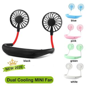 2020 Portable USB Rechargeable Tour de cou Paresseux Cou Suspendu Double Refroidissement Mini Ventilateur sport Rotation à 360 degrés ventilateur de cou suspendu Boîte de vente au détail