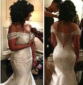 2020 Portret Zeemeermin Kralen Backless Off Schouder Bruidsjurken Sexy Trouwjurken Strass Bruids Vestidos Plus Size Feestkleding