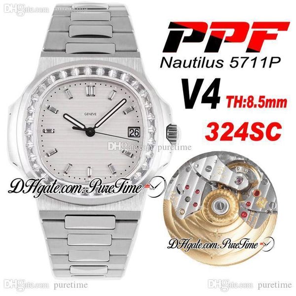 2020 PPF 5711P 324SC 324CS Reloj automático para hombre Diamante cuadrado Bisel Textura blanca Dial Diamante Marcadores SS Mejor edición PTPP Puretime PD04a