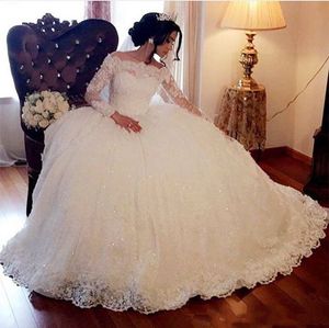 2021 Prinses Baljurk Trouwjurken Lange Mouw Kant Applicaties Pailletten Arabische Dubai Bride Jurk Formele Kerk Plus Size Bruidsjurken