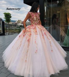 Princess Floral Flowers Ball-jurk Quinceanera Jurken Sweet 16 Dress Com Puffy Girls Pageant Kant Applicaties