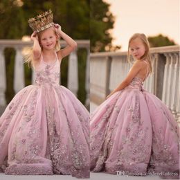 2020 Princesse Spaghetti Strap Appliques Perlée Fleur Filles Robes À Lacets Dos Perles Longue Robe De Bal Filles Pageant Robe D'anniversaire