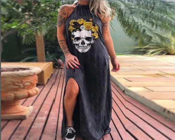 2020 Punk Style Loose Summer Robe Femme Skull Flower Imprimé sans manches Long Robe Feme Sexy High Slit Maxi Vestidos 3xl6574706