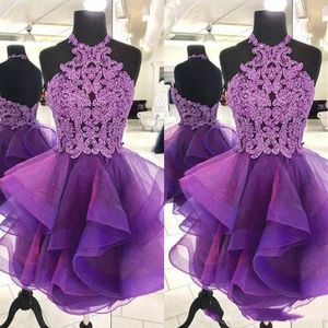 2020 violet une ligne robes de bal Sexy Halter Mini court organza cristal dos nu Bling robes de bal courtes Junior Party Cockta2403
