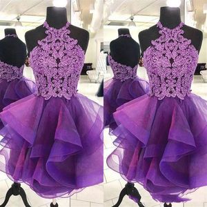 2020 violet une ligne robes de bal Sexy Halter Mini court organza cristal dos nu Bling robes de bal courtes Junior Party Cockta2213