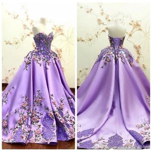 2020 Paarse Quinceanera Jurken Borduren 3D Bloemen Applique Sweetheart Hals Kant Satijn Formele Avond Gala Baljurk Op Maat 280O