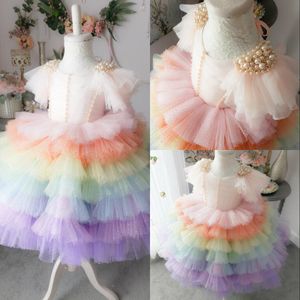 2020 regenboog bloem meisje jurken gegolfde kant tiered parel glitter meisje pageantjurken op maat gemaakte eerste communie jurk