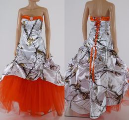 2020 Real Image Bloem Meisje Jurken Camo Satin Ruche Crystals Strapless Orange Tule Big Girls Party Graduation Jurk Pageant Town Goedkoop