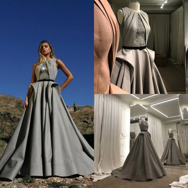 2020 Image réelle gris robes de bal bijou cou une ligne volants robes de soirée en satin sur mesure balayage train robe formelle tenue de fête