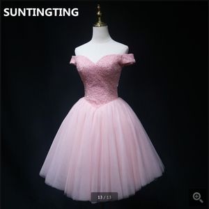 2020 Echte foto roze korte prom jurk kralen parels van de schouder sexy v nek prom jurken petite knie lengte cocktail party jurken 292n