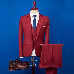 2020 rouge hommes costume 3 pièces ensemble un bouton plat Slim Fit décontracté smokings pour mariage bal (veste + pantalon + gilet) costume homme X0909