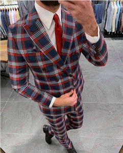 2020 Red Pak Mannen Brits Stijlvolle Double Breasted Heren Pak Slim Fit Tailor-Made Plaid Stage Performance Trouwjurk Tuxedos X0909