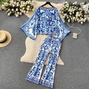 Dames Tweedelige Broek Zomer Runway Blauw En Wit Porselein Tweedelig Pak Dames Flare Mouw Blouse Shirts Gedrukt Wijde Pijpen Cropped Broeksets 2024