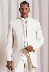 2020 Retro Ivoor Bruidegom Bruiloft Tuxedos Formal Party Wear Groomsman Suit Slim Ingericht Business Past Stand Collar Mens Prom (Jack + Pant)