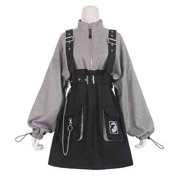 2020 rétro Vintage femmes gothique filles Punk Mini robe taille haute à manches longues chapeau col Sexy Gry noir Lolita grande taille Jurken G1214