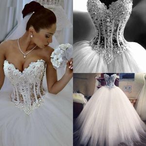 Vestidos de novia sexy con forma de corazón, perlas de lujo, diamantes de imitación, árabe, Aso Ebi, con cuentas, tul hinchado, vestidos de novia largos, tren de barrido, AL5954