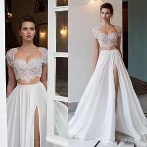 2020 Riki Dalal Deux Pièces Plage Une Ligne Robes De Mariée Perlées Haut Côté Split Dentelle Applique Manches Courtes En Mousseline De Soie Robes De Mariée2501