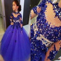 2020 Royal Blue Girls Pageant Robe Princess Long Manches Crystals Cystals Cupcake Young Pretty Petit Kids Celebrity Flower Girl G 179m
