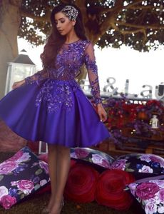 2020 Royal Blue Homecoming Jurken Sexy doorzichtige kant geappliceerd lange mouwen Prom Dress Cocktail Partyjurken