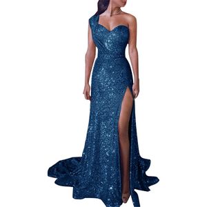 2020 Royal Blue Long Gold Avond Reflecterende Jurken Eén schouder Sequined Plus Size Prom Jurken Feestjurk ROBES DE SOIRÉE ABENDKLEIDER