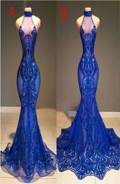 2020 Royal Blue Mermaid Dresses Ver a través de lentejuelas brillantes Vestidos de la fiesta de la noche formal africano de cuello africano