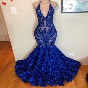 2020 Royal Blue Mermaid Prom -jurken Zie sparky pailletten Deep V Neck Halter 3D Flower African Cheap Formal Evening Party G241D