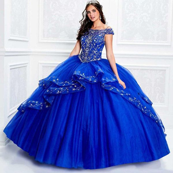 2020 Bleu Royal Quinceanera Robes Hors Épaule Appliqued Dentelle Perles Filles Pageant Robe Robe De Bal Formelle Douce 16 Robes