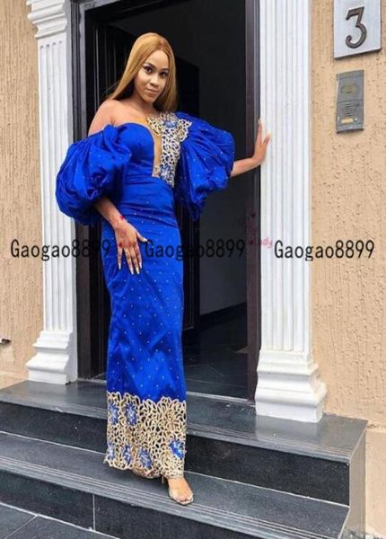 2020 bleu royal réel nigérian robes de soirée sexy sur l'épaule manches bouffantes dentelle d'or africain arabe formelle célébrité bal par7899788
