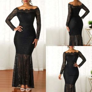 2020 Royal Mermaid Black Mother of the Bride Dresses Lace Tule Applique Plus Size Wedding Guest Jurk Lange Mouw Elegante avondjurken 0508