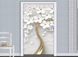 2020 Pegatina de puerta adhesiva S 3D Flores blancas Mural Mural Papel de pantalla impermeable Palabra para la puerta del dormitorio Deco6095754