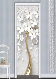 2020 S-adhesivo etiqueta de la puerta 3D flores blancas árbol pared papel tapiz impermeable sala de estar dormitorio puerta pegatinas hogar Deco8199779