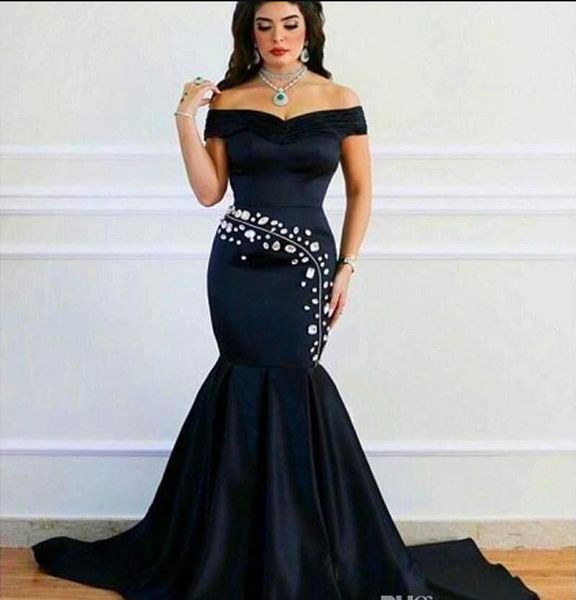 2020 Arabia Saudita azul marino Vestidos de noche cariño Venta caliente Sexy fuera del hombro Cristal Sirena Vestido de noche Vestidos para ocasiones especiales